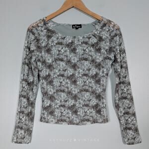 Y2K Lace Long Sleeve Top S Green Brown Fairy Grunge Stretch Dye Indie Lace Scoop